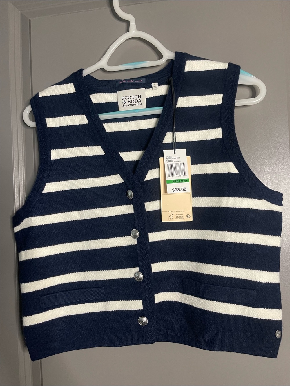 Scotch & Soda Navy and White Striped V-Neck Knit Vest